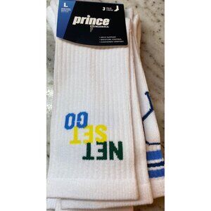 NEW 3 Pack PRINCE Pickleball Crew White Socks Size LARGE Moisture Control